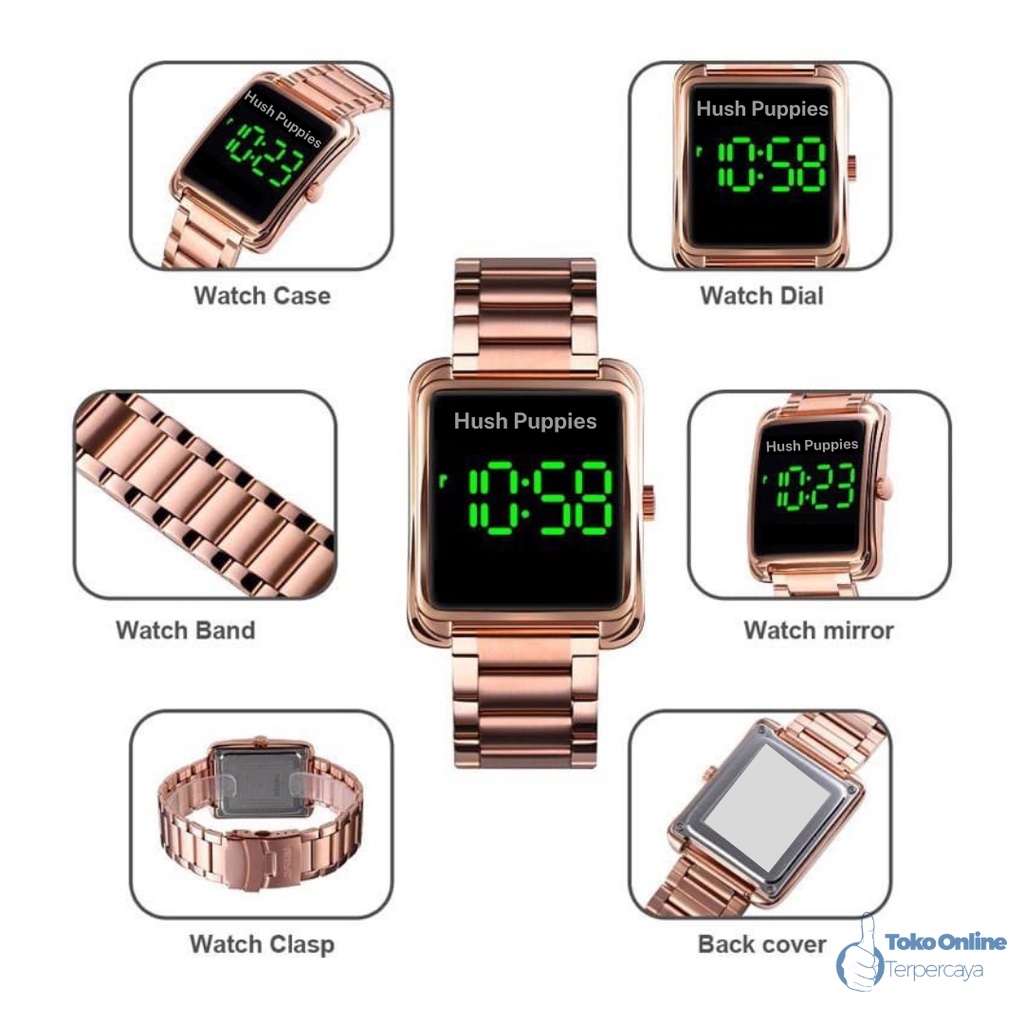 Jam Tangan Digital Wanita Hush Pupies Tali Rantai Stainless Terbaru LED Watch Kekinian