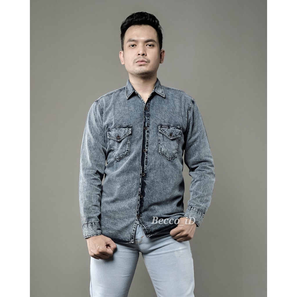 Kemeja Jeans Snow Panjang Original Basic Pria l Kemeja Polos  l Kemeja Kantoran Termurah