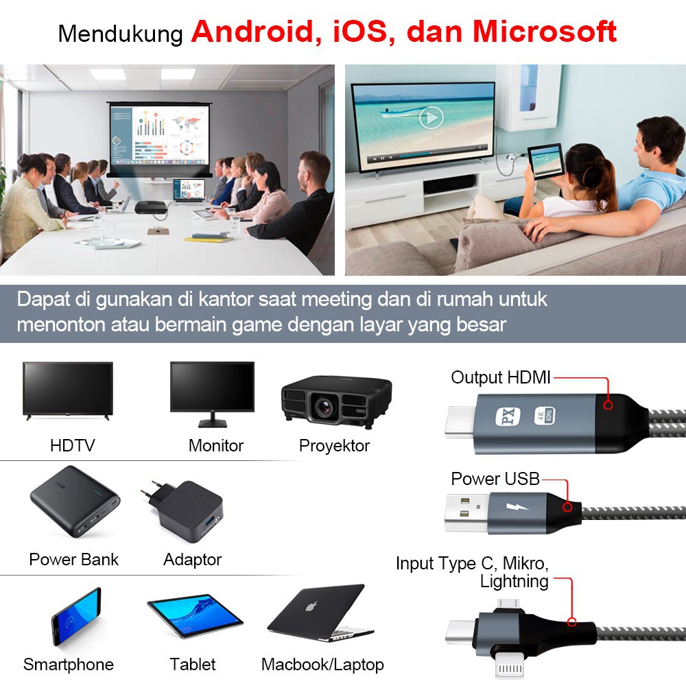 Kabel HDMI Converter To USB Micro Type C Lightning IOS ANDROID PX MHA-110U Kabel Converter HDMI