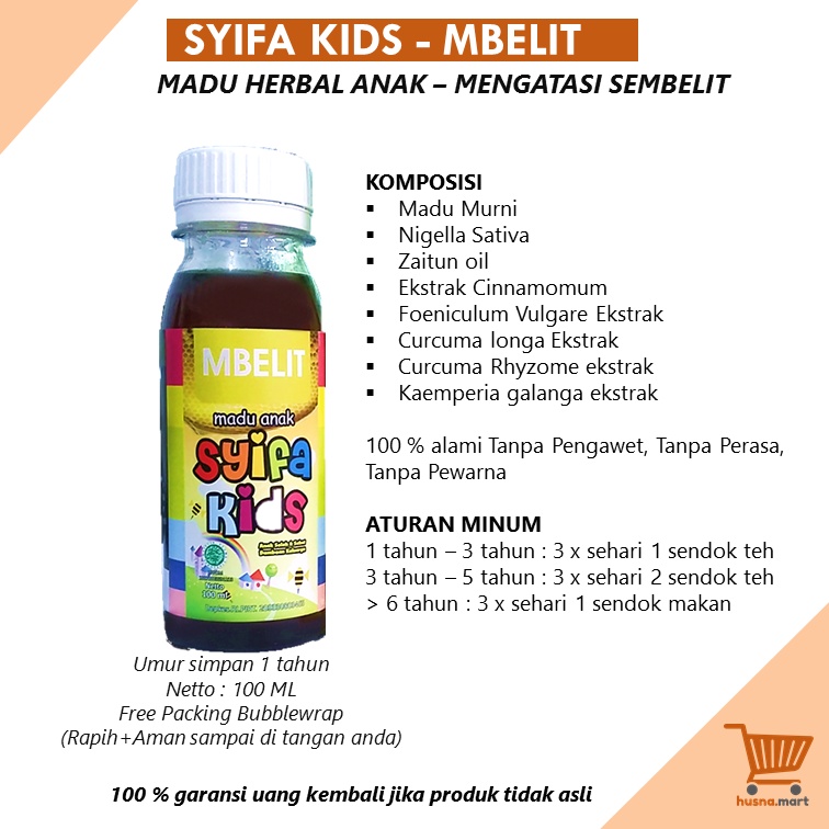 Madu Anak Syifakids MBELIT - Mengatasi Sembelit - Herbal Alami Lancar BAB untuk Anak kemasan 100 ml Original