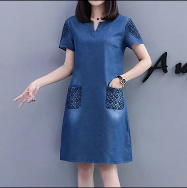 DRESS JEANS WANITA LENGAN PENDEK V_NECK BORIDR KANTONG + TANGAN