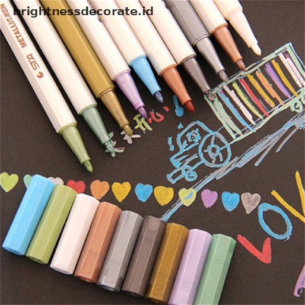 10pcs / Set Pensil Marker Warna Metalik Tahan Air Untuk Album DIY