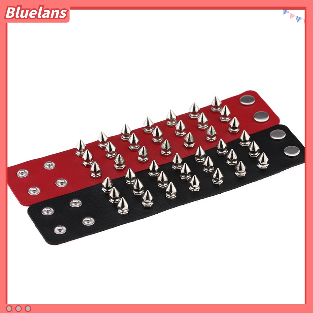 Bluelans Gelang Tangan Kulit Imitasi Aksen Rivet Kerucut Stainless Steel Gaya Punk Untuk Wanita