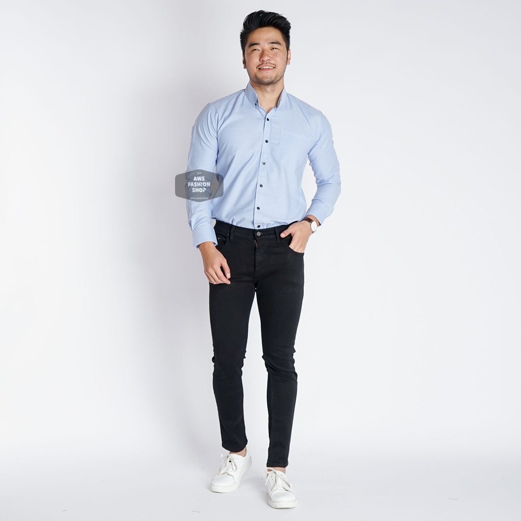 Baju Kemeja Lengan Panjang Pria Polos Oxford Biru Muda Soft Blue Casual Slimfit 3371