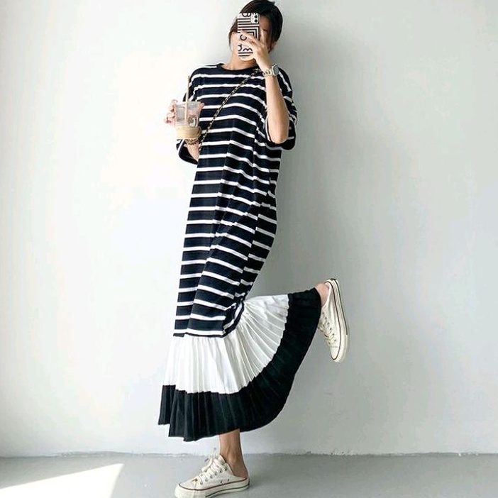 82810 Baju mididress dress gaun DROP WAIST rumahan santaii Korean style hitam polos salur cewek impo