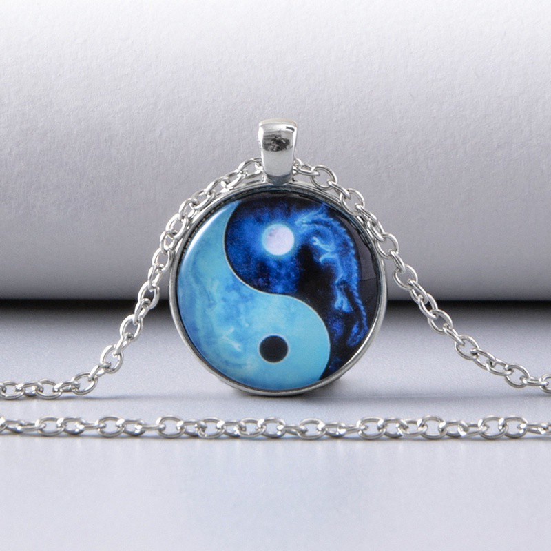 Chinese Feng Shui Bagua Yin Yang Tai Chi Pendant Necklace Flower Butterfly Glass Cabochon Charm Chain Necklace Jewelry|Pendant Necklaces