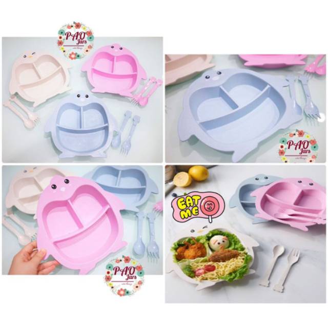 Piring anak karakter / piring makan set pinguin / piring 3 sekat termurah