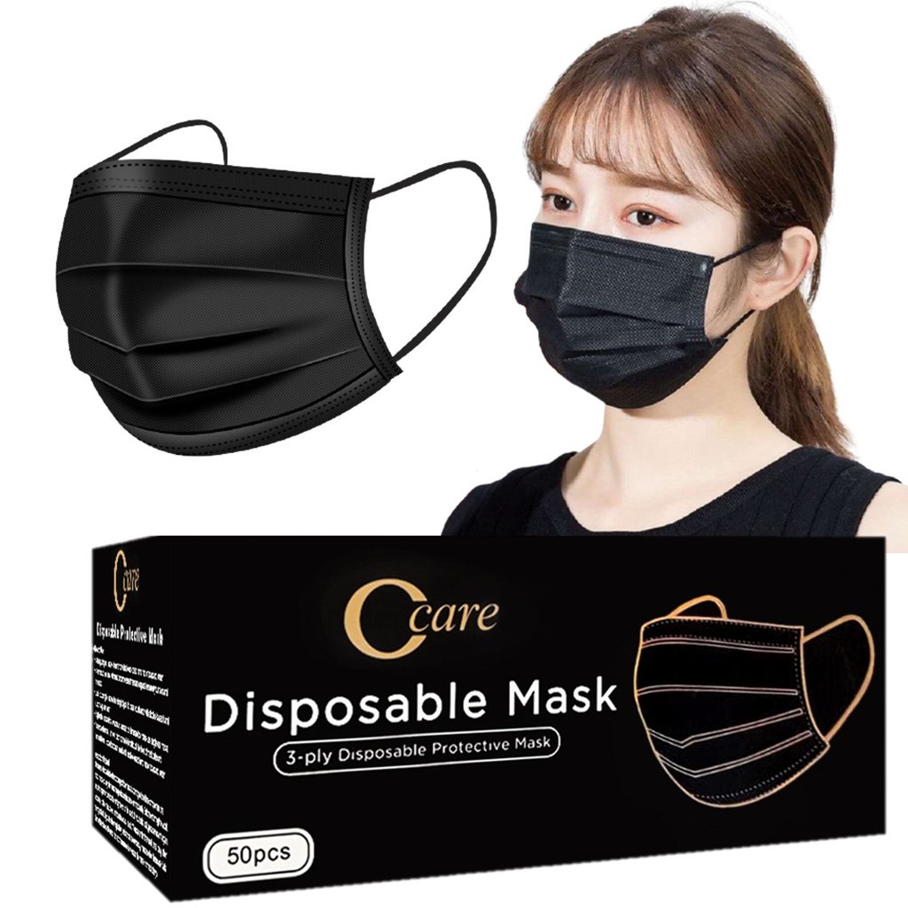 Masker medis 3ply hitam C Care isi 50 / Masker 3 lapis CCare