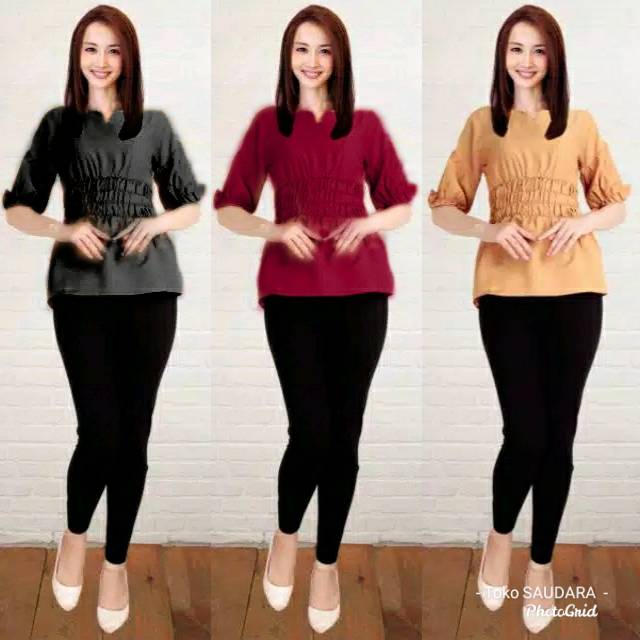 Blouse kerut pinggang tangan 3/4