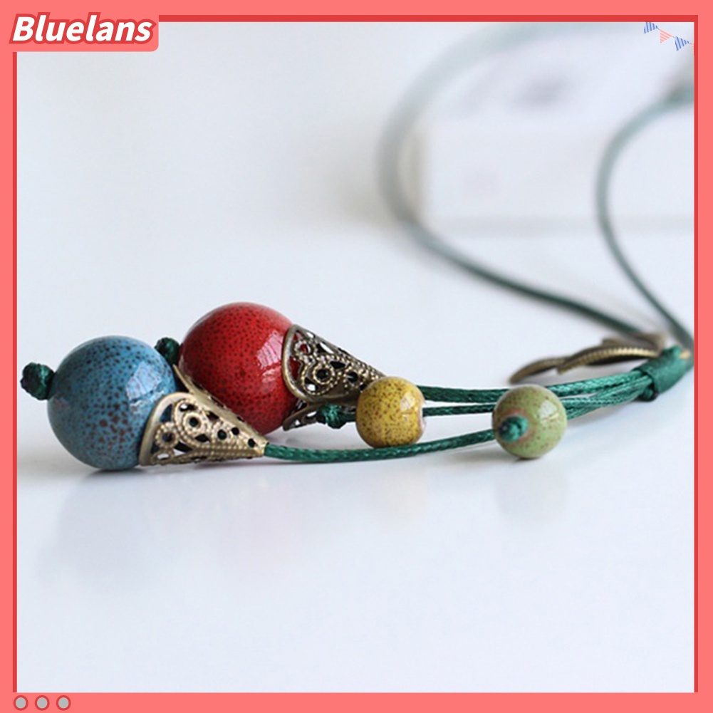 Bluelans Kalung Rantai Panjang Liontin Daun Manik-Manik Keramik Gaya Retro Etnik Untuk Wanita