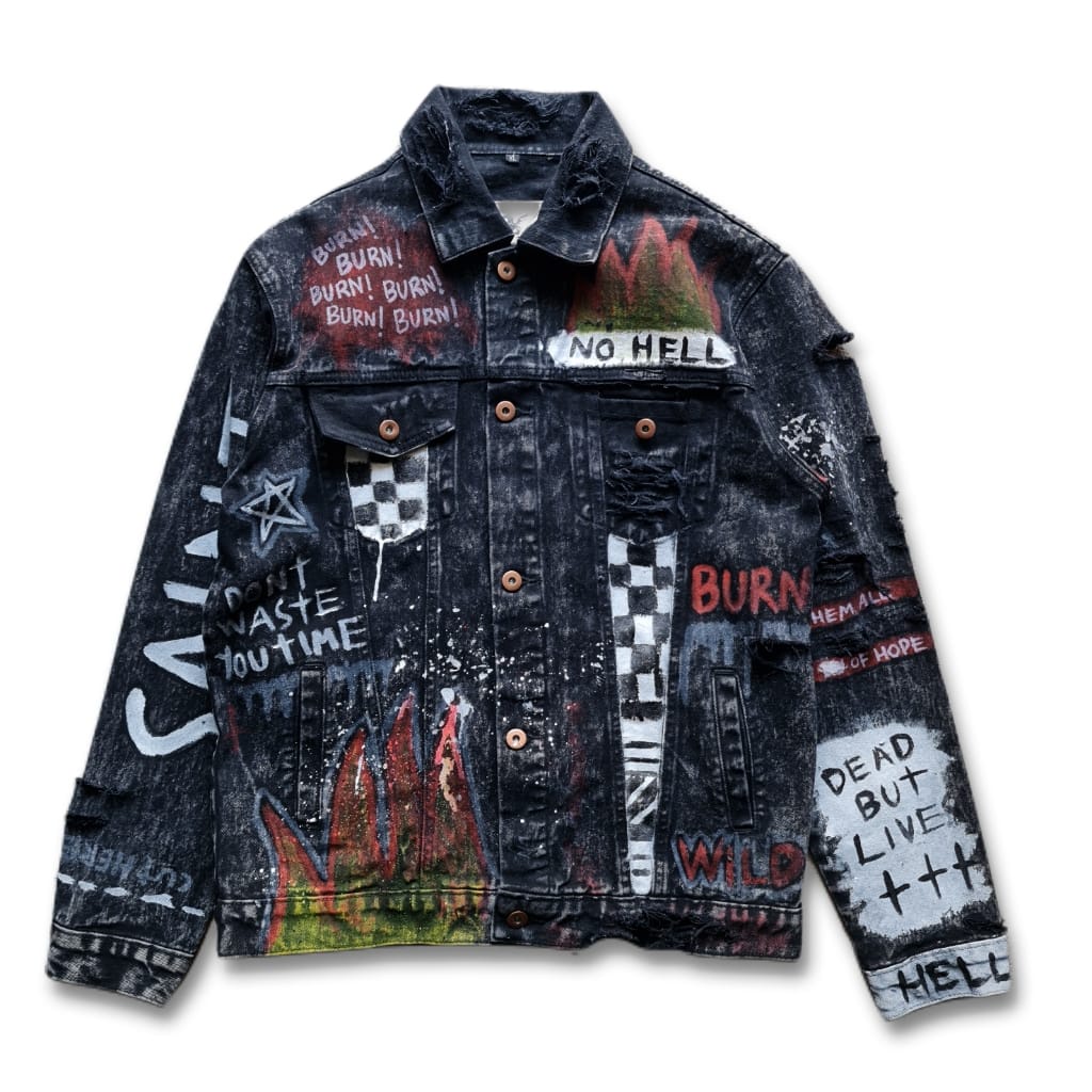 GALFINC Jaket Jeans Pria Denim - custom painting Saint Sinner