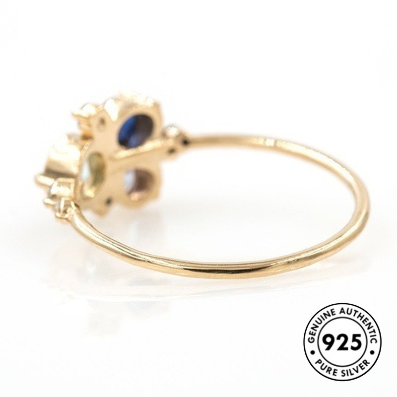 Set Cincin S925 Silver 18k Hias Batu Permata Biru Laut