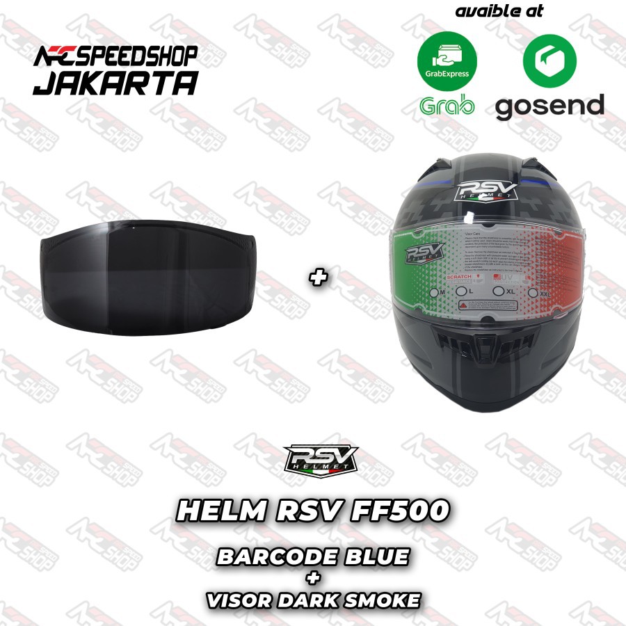Helm Full Face RSV FF500 Barcode Blue & Visor FF 500 Dark Smoke