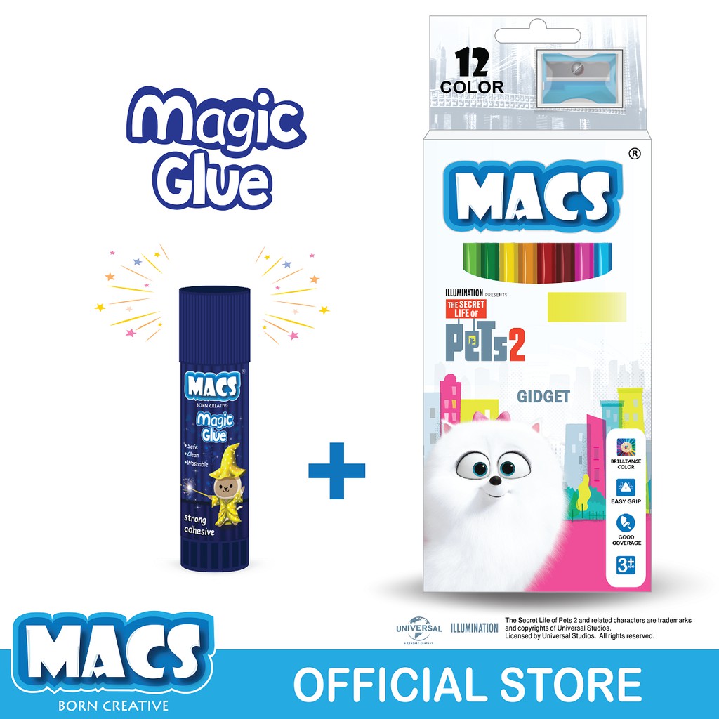 

MACS FUN BUNDLE Glue Stick Lem dan Pets Gidget Color Pencil Pensil Warna 12 Warna