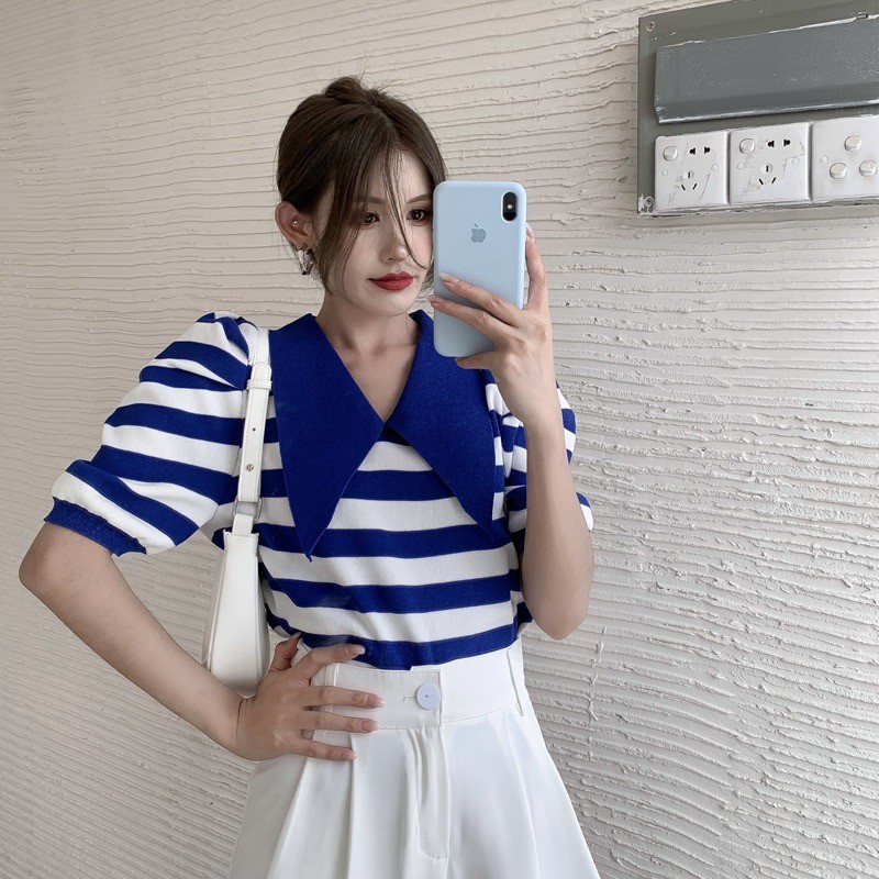 Atasan Wanita - Blouse Wanita Lengan pendek import #Pluffy -Biru & Hitam