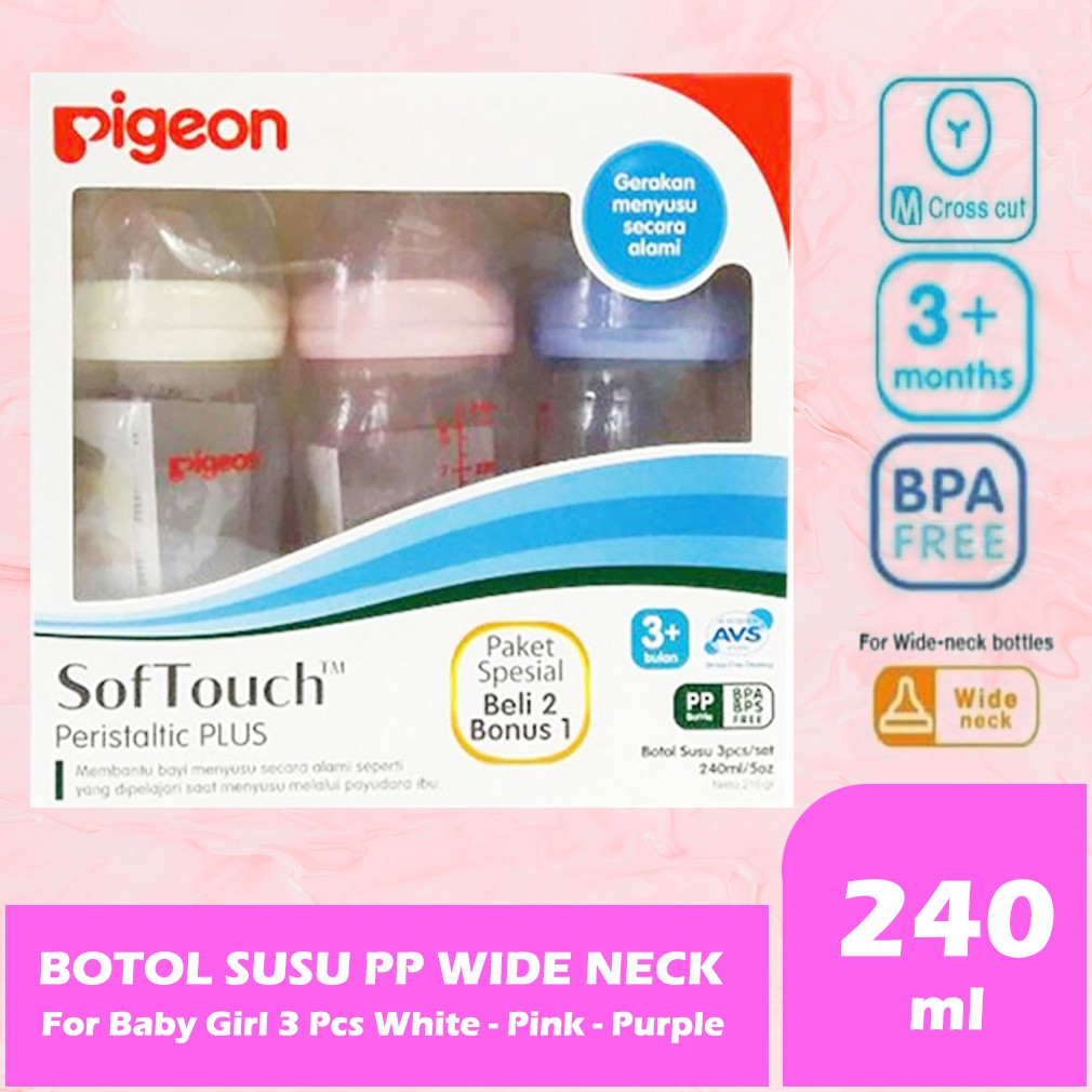 Botol Susu Pigeon 240ml Baby Girl 3pcs SofTouch Peristaltic Plus Wide Neck