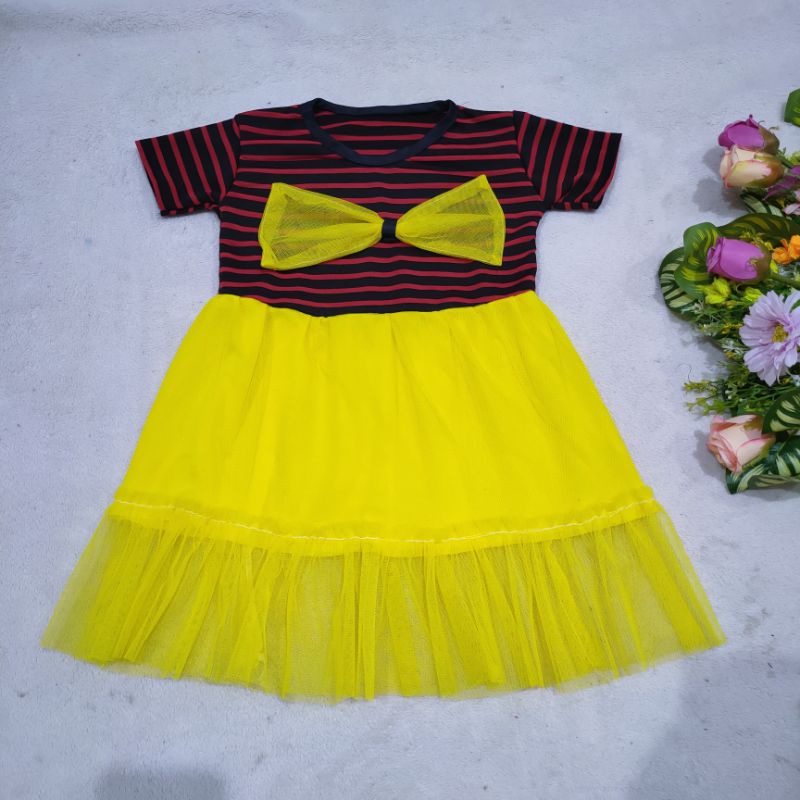 Dress Anak 7 8 9 Bulan - 1 Tahun cewek perempuan Gaun Pita tille ( Dress Hira Strip )