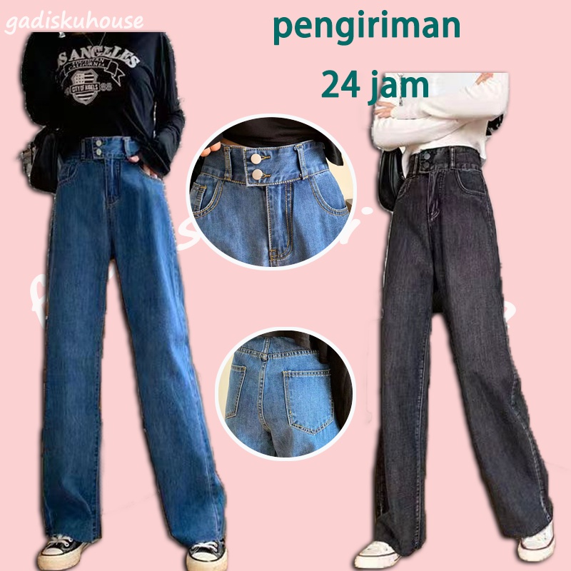 Celana Jeans Baru Wanita Korea Longgar Pinggang Tinggi Hitam Lurus