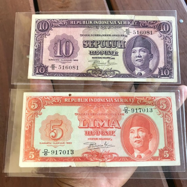 Uang Kuno 5 dan 10 Rupiah Ris VF Sobek di Rekatkan