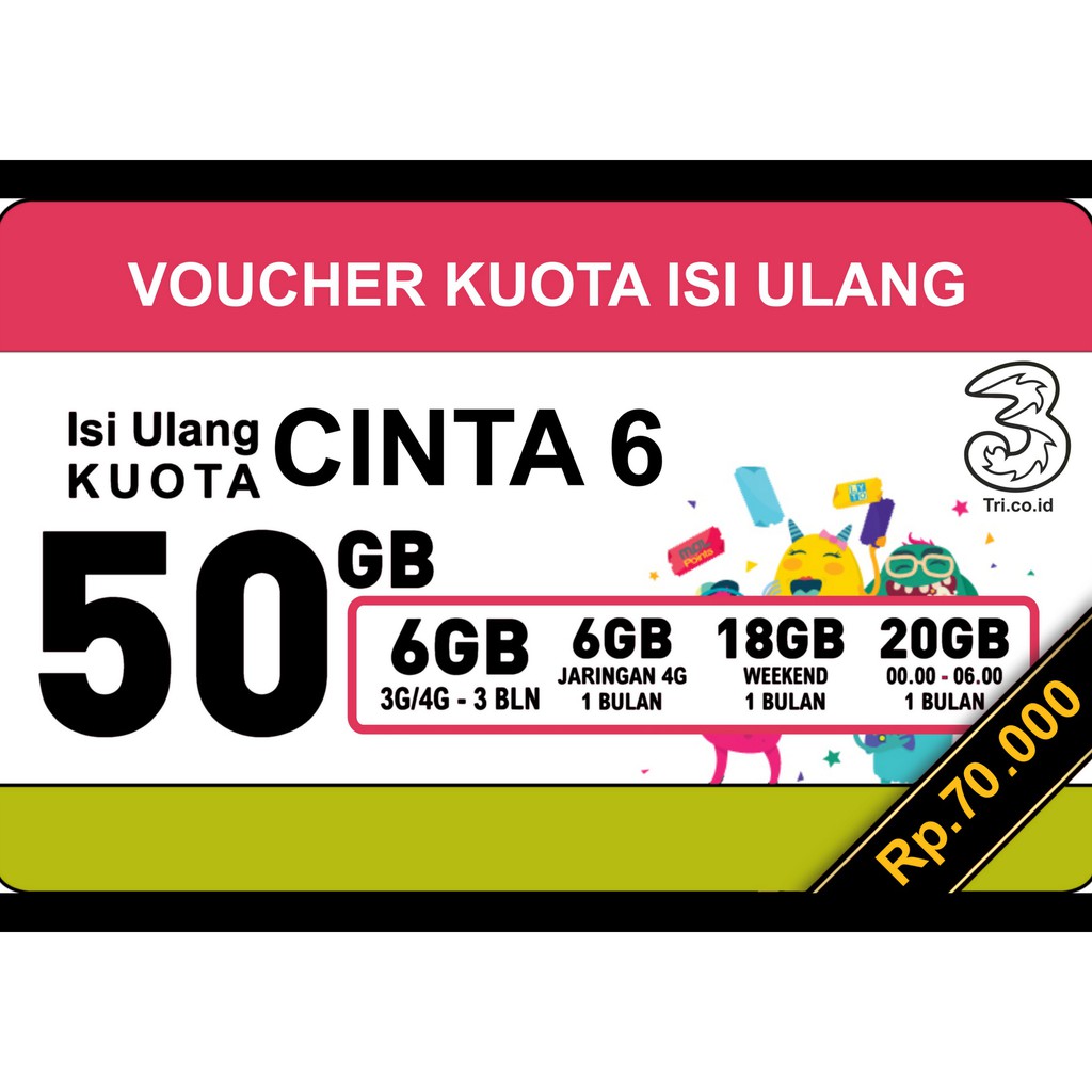 [PROMO] Voucher Isi Ulang Kuota TRI CINTA 6 (50GB) DAN CINTA 10 (70GB)