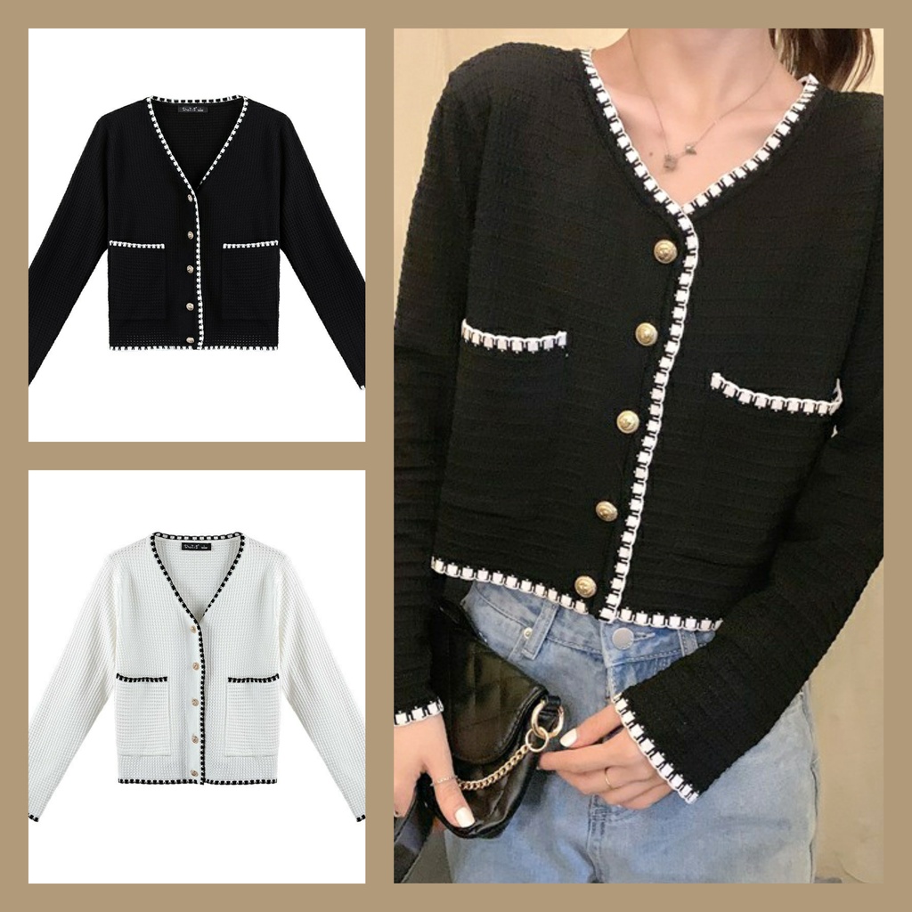 Crop cardigan hitam putih Crop blazer rajut/ cardi polos White/ Crop outer Black knit