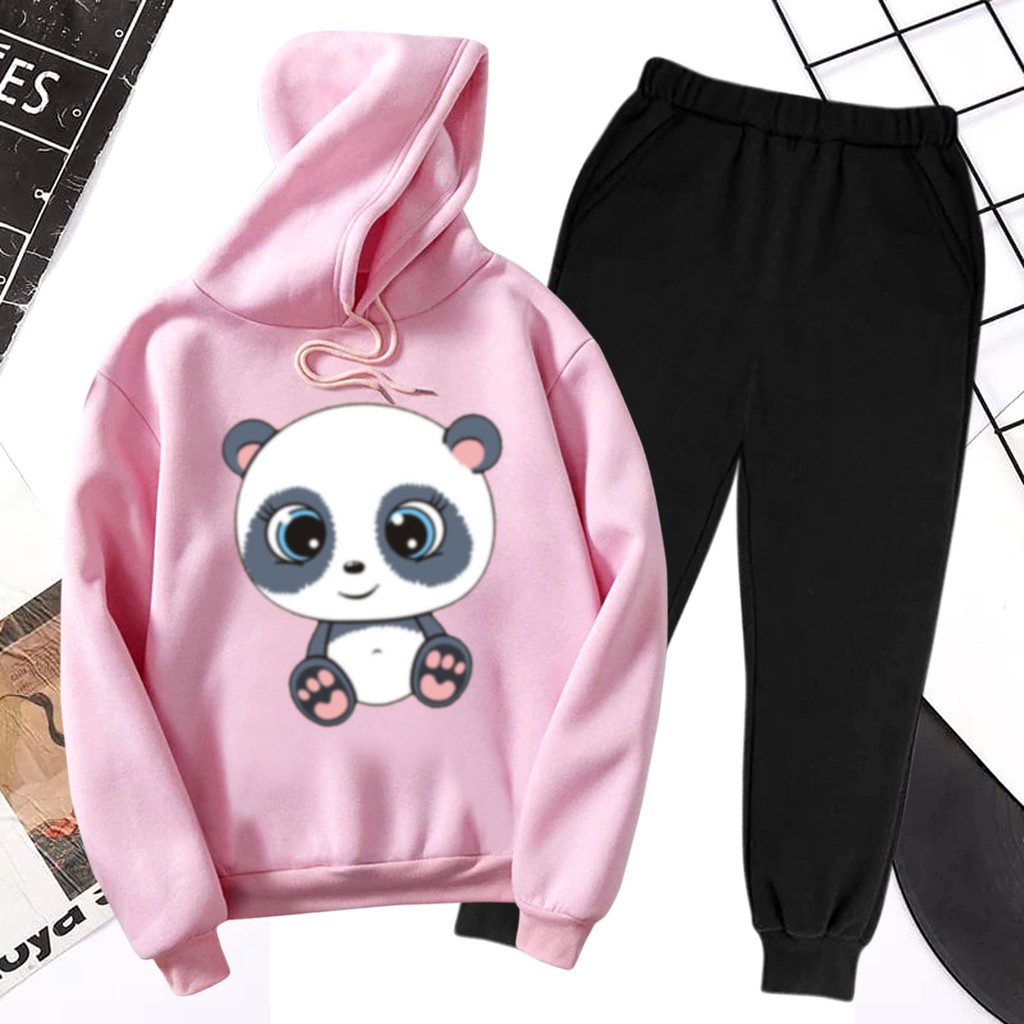 BESS - Baju Setelan Wanita Murah / Setelan Hoodie + Jogger Hitam - BABY PANDA