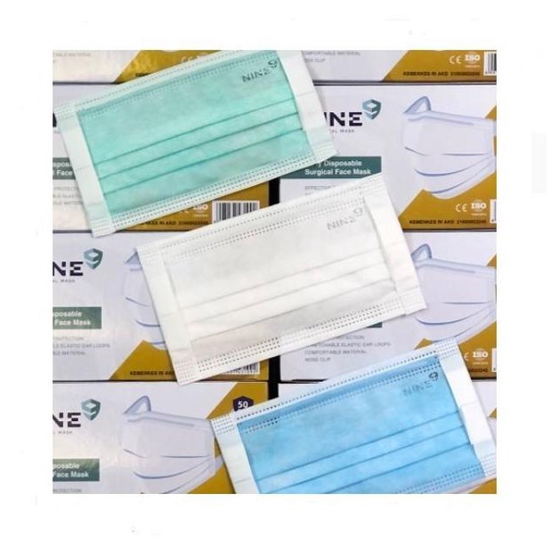 Sale Nine Masker Medis / Surgical Face Mask 3 Ply Model Tali Lebar Isi 50Pc