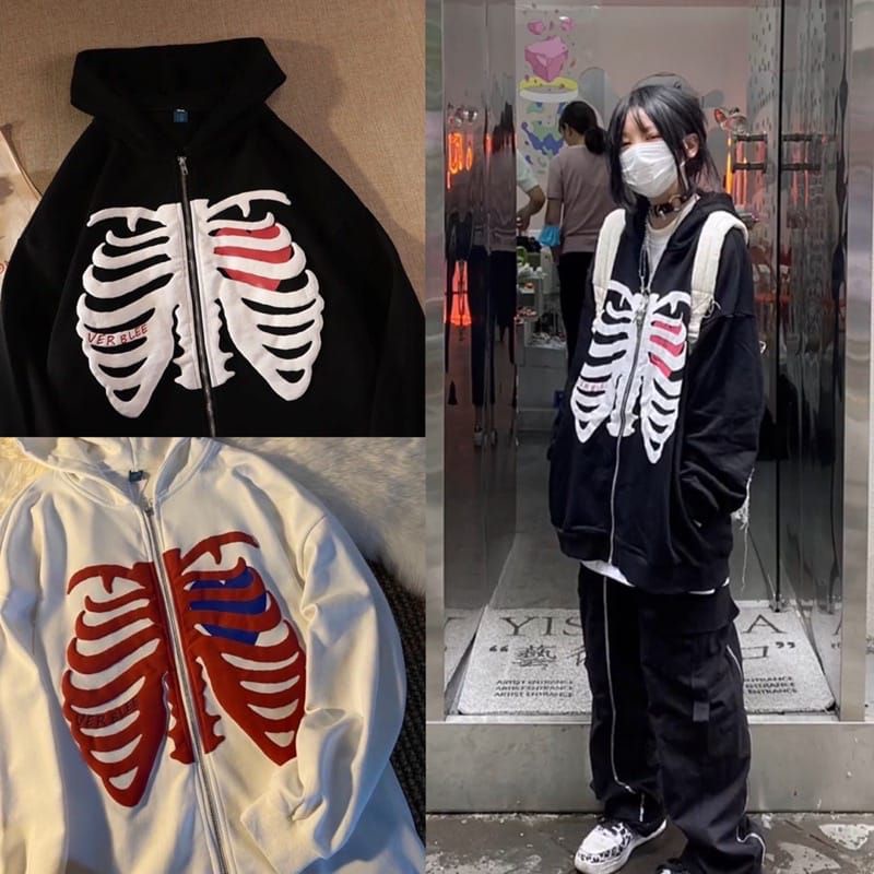 (COD/READY)Jacket zip up skeleton skull oversized y2k