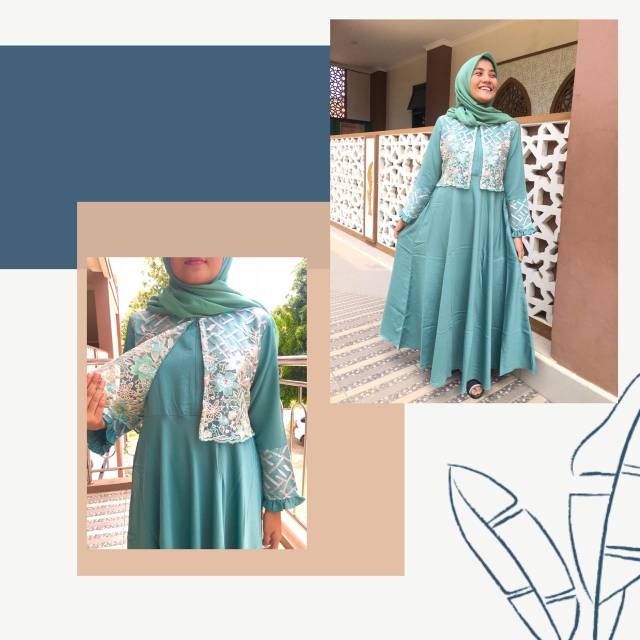 Gamis Tile Kombinasi Rompi Hijau Mint