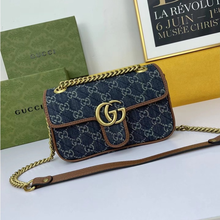 Original (dengan kotak) 100% Asli GUCCI Gucci Wanita Tas GG Marmont Fashion Rantai Tas Bahu