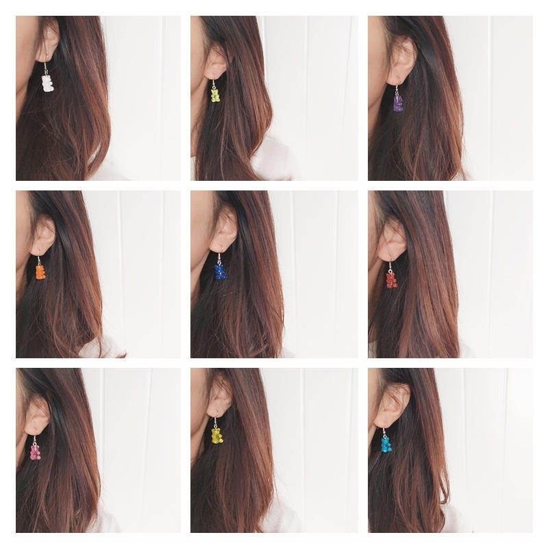 Anting stud Desain Kartun Beruang Gummy bear Warna Permen Transparan Buatan Tangan Gaya Jepang