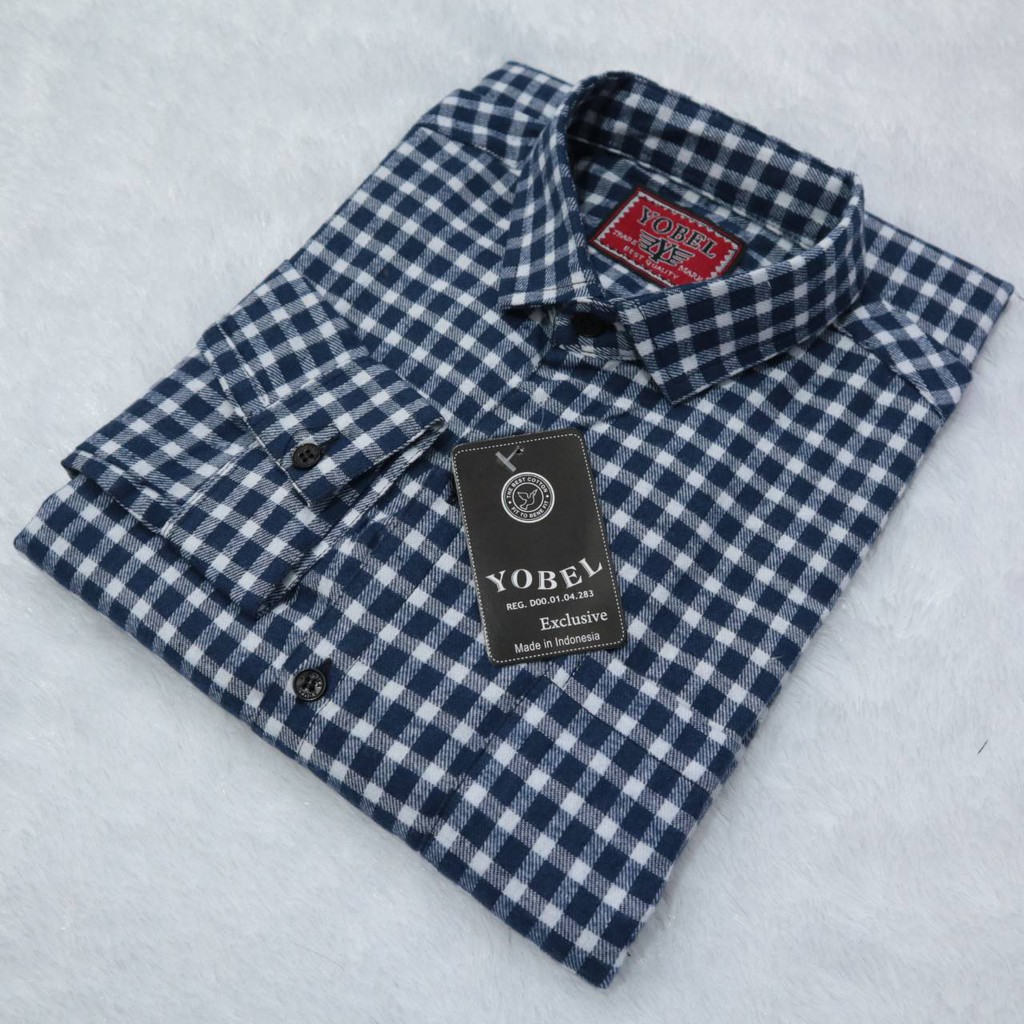 Kemeja flanel pria lengan panjang kemeja motif warna biru navy kotak kecil garis putih line LM005