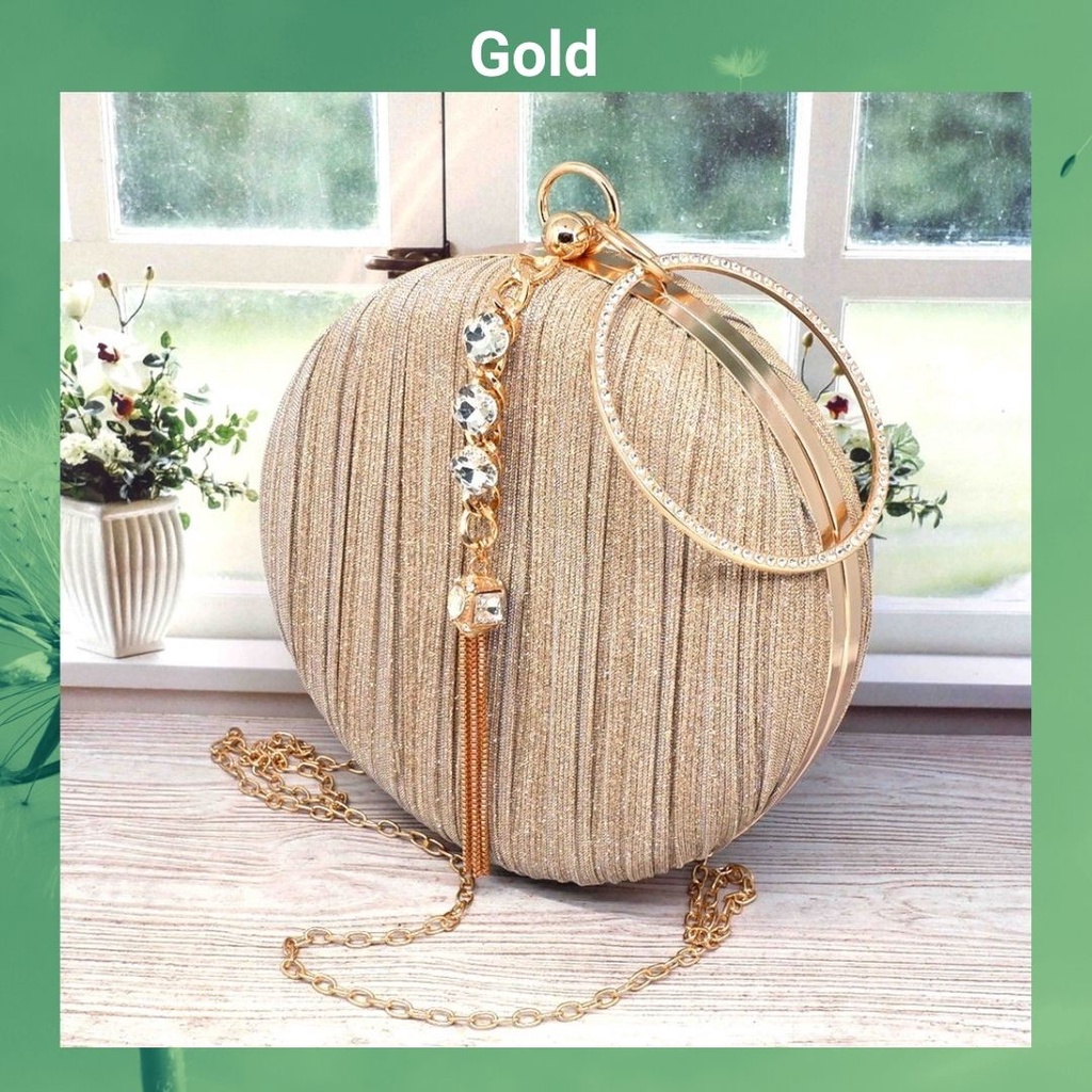 TERLARIS !!! Tas Pesta Kondangan Wanita Import Kristal Kain Satin Lucu warna black,gold,silver bahan satin halus tas pesta bulat wanita elegan clucth pesta bulat kristal clucth wanita pesta kondangan
