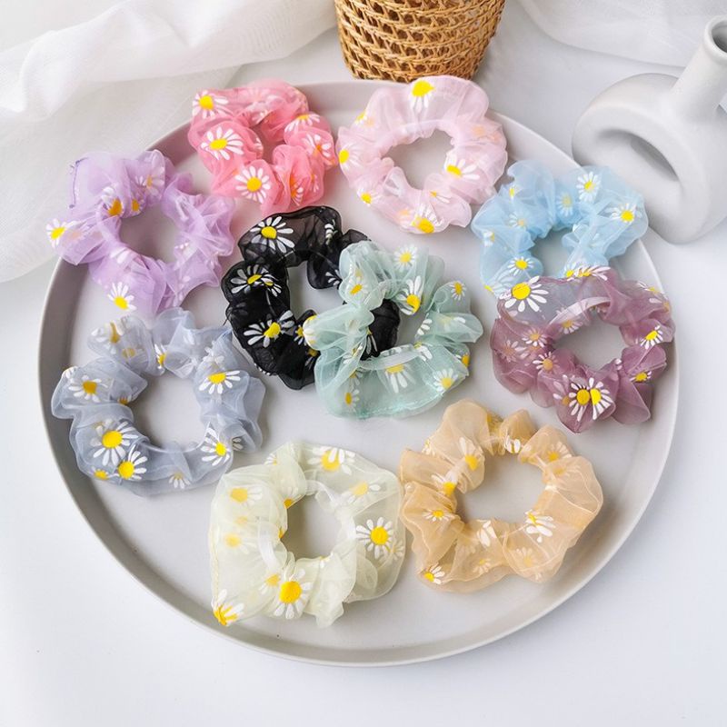 3PCS!!! Ikat Rambut Scrunchie Aksesoris Fashion Wanita Gaya korea0Scrunchie Bahan Sifon Motif Bunga Daisy Premium / Ikat Rambut Sifon Korea / Mesh Scrunchie