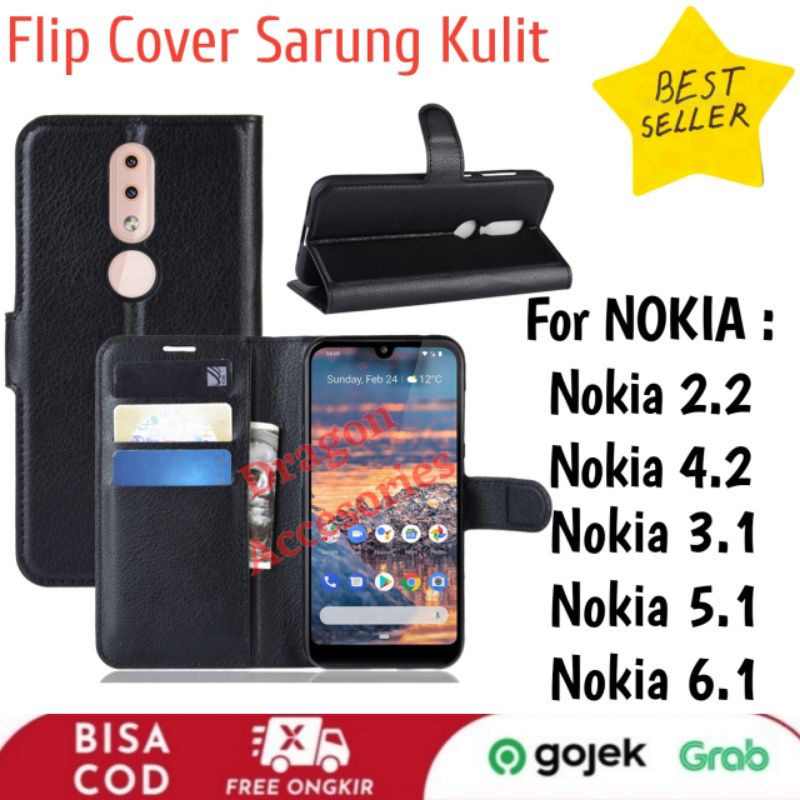 Flip Kulit Nokia 6.1 5.1 3.1 4.2 2.2 Leather Case Sarung Dompet Kancing Casing Wallet Book Cover Sho