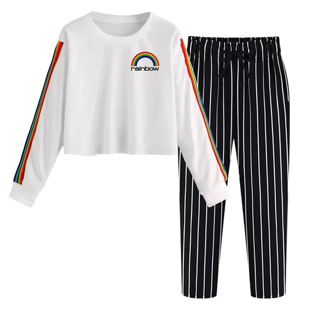 BESS - Baju Setelan Wanita Murah / Setelan Sweater Crop + Celana Salur Hitam - RAINBOW