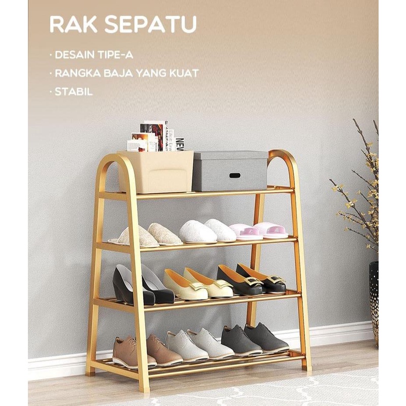 Rak sepatu / sendal shoe rack rangka besi 4 tingkat Portable - emas