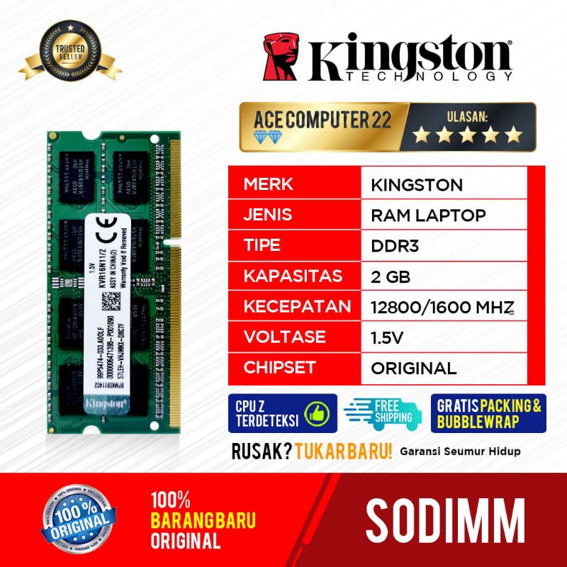 KINGSTON SODIMM DDR3 2GB NON L PC 12800