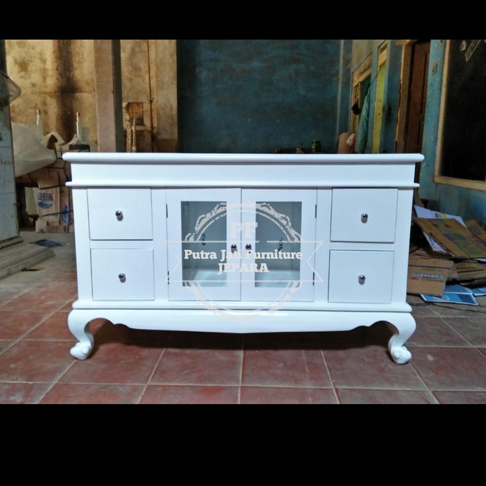 Mebel Jepara Bufet Jati Putih Duco - Lemari Hias Meja Tv Panjang 120cm