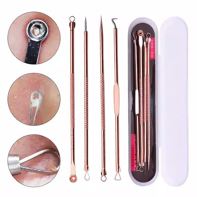 Pinset Komedo Set 4 in 1 Free Kotak Stainless Steel - Pencet Jerawat- Blackhead