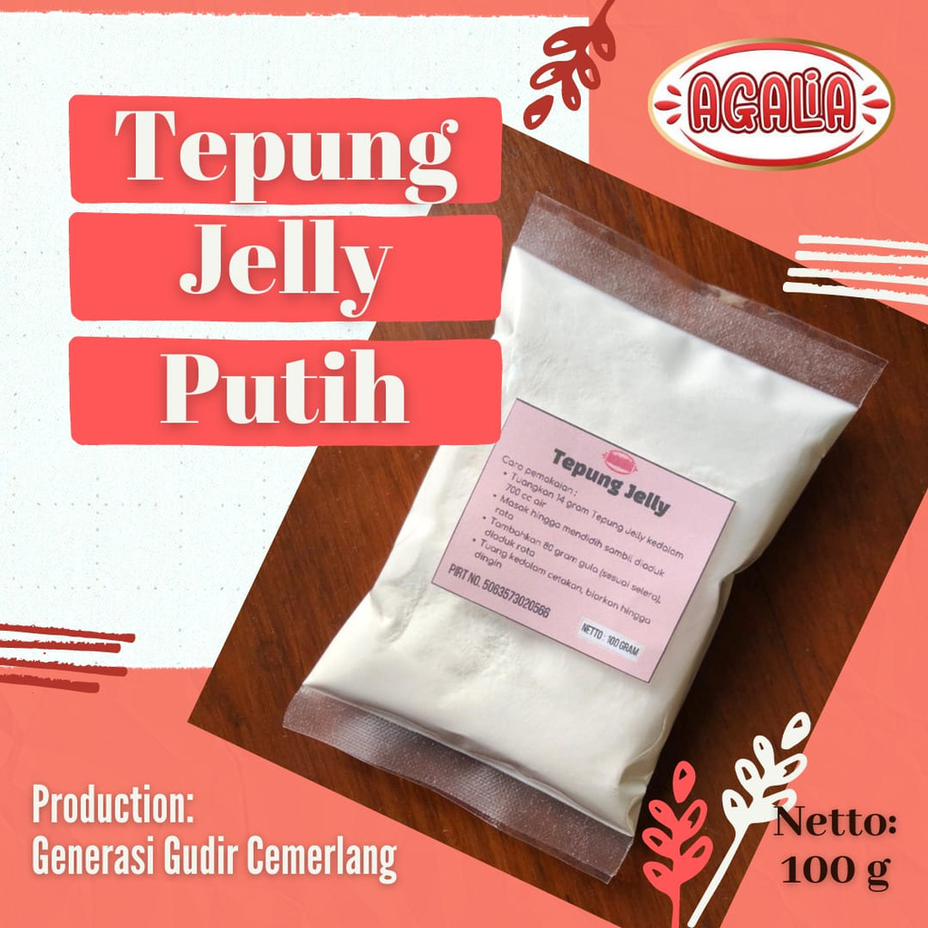 

Tepung Jelly Putih Plain Agalia 100g Curah Kemasan Ekonomis Bahan Puding Jelly art Pudot Permen