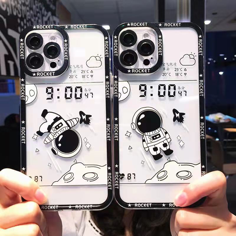 Transparan Hitam dan Putih Pola Astronot Casing Ponsel untuk iPhone 12 13 11 Pro Max X Xs Max Xr 7 8 Plus Casing Silikon Hbyh