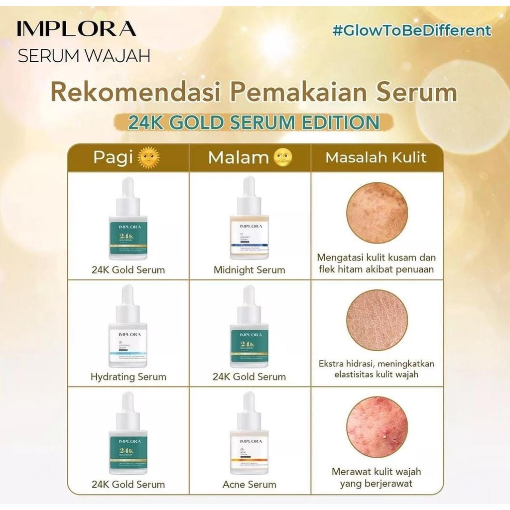 implora face serum /serum wajah /liporetinol/gold serum 24k/peeling/hydrating/luminous brightening/midnight/acne serum