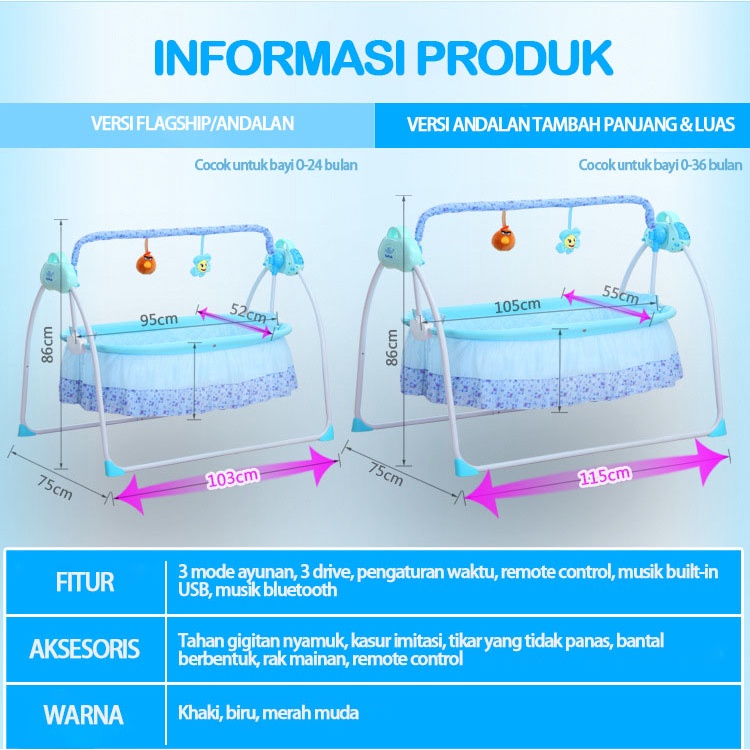 Tempat tidur ayunan remote control Tempat tidur bayi yang aman dengan musik bluetooth