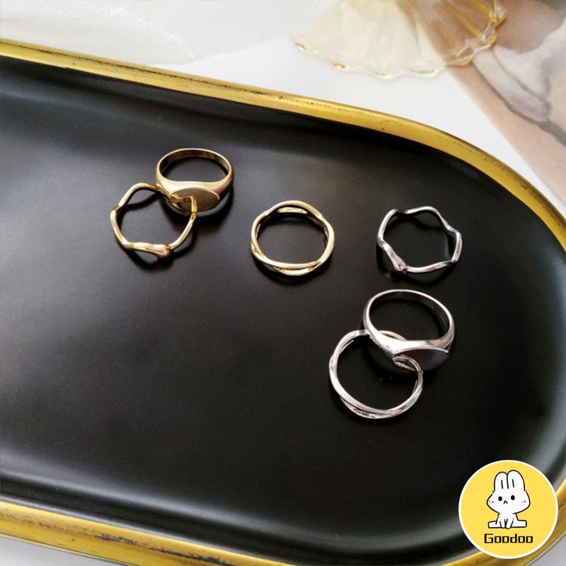 3pcs / Set Cincin Jari Telunjuk Desain Geometri Asimetris Untuk Wanita -Doo