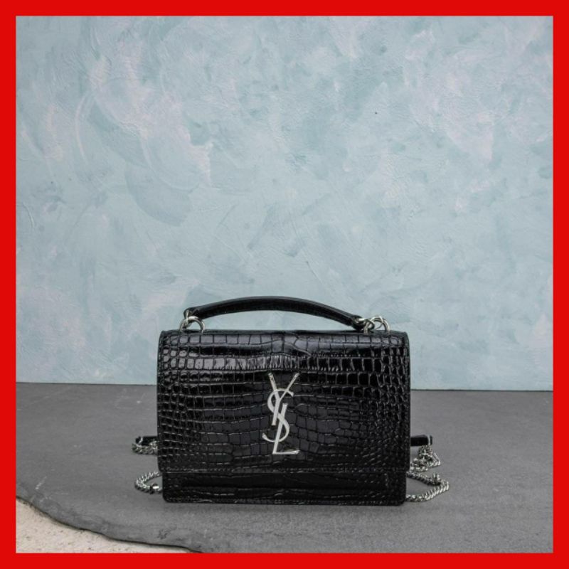 Jual Tas Wanita YSL Saint Laurent Sunset Mono Croco Color Black SHW. Branded Original