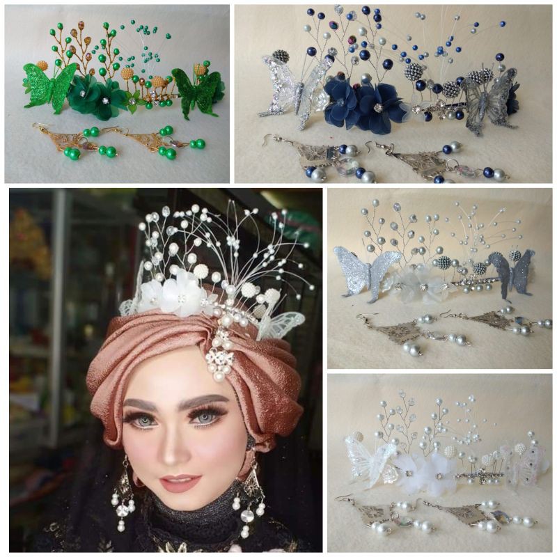 bandana  mahkota/ heepis  +  anting hiasan kpala kupu kupu untuk pengantin/ praweding