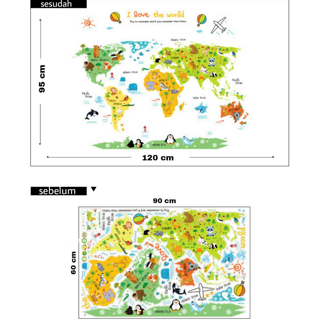 RELIZA WALL STICKER PETA DUNIA ANAK MAP I LOVE THE WORLD ANIMAL ABC1049 STIKER DINDING