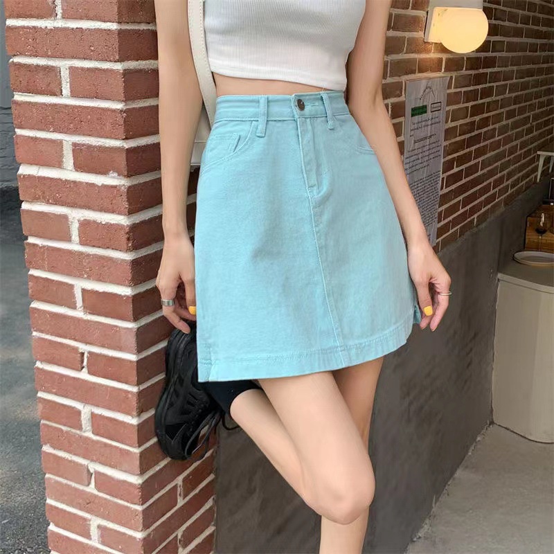 Rok Wanita Split Skirt Denim Rok Korean Syle Rok Pelangsing Rok Pinggang Tinggi Gaun A-Line Rok Fashion