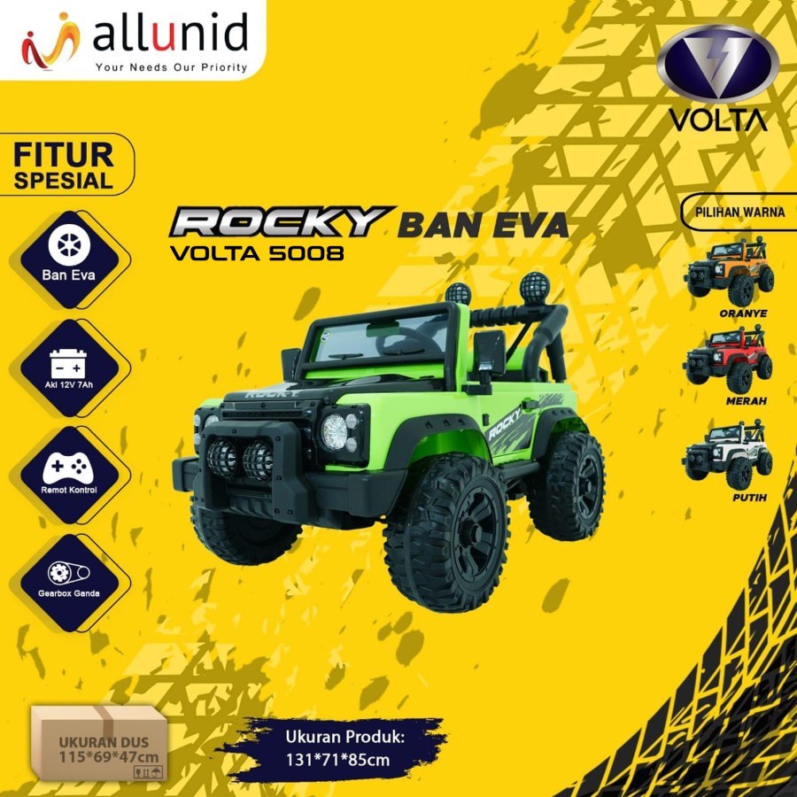 Mainan Anak Mobil Aki Jeep ROCKY BAN KARET - VOLTA 5008 - Hijau